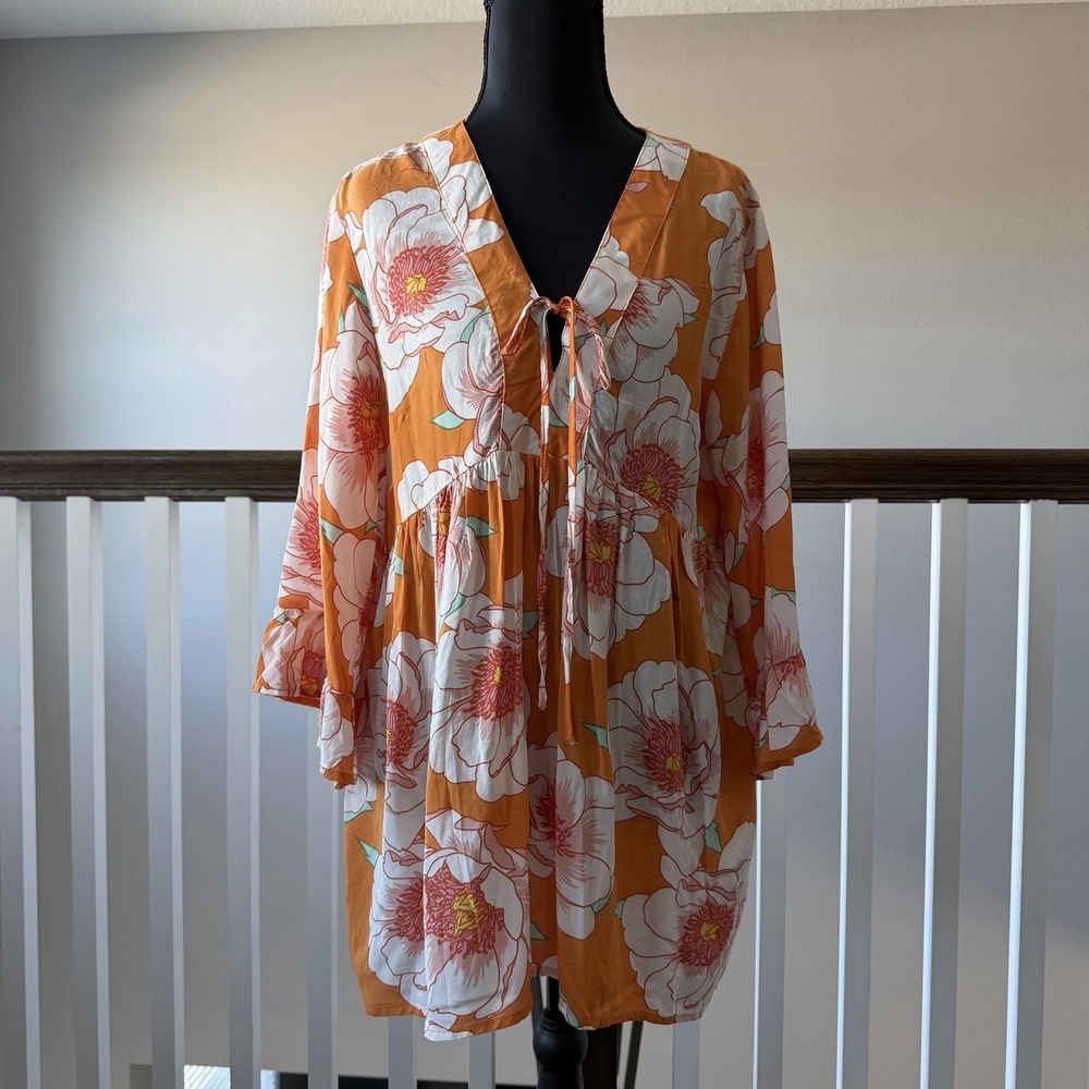C&C California‎ Blouse Small Floral Boho Tie Front Ruffle Peasant Poet Top NWT